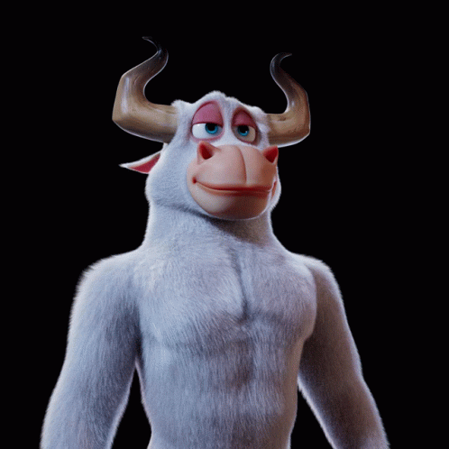 A Cartoon Of A Bull With Horns And Blue Eyes GIF