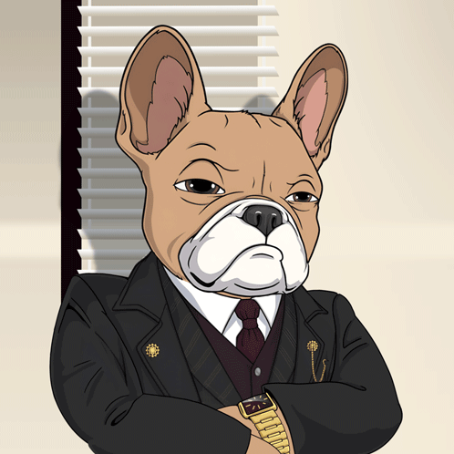 A Cartoon Of A Bulldog Wearing A Suit And Tie With His Arms Crossed GIF
