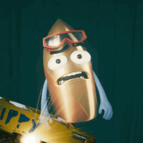 A Cartoon Of A Bullet With Arms And Goggles Standing Next To A Yellow Sign That Says Tpy GIF