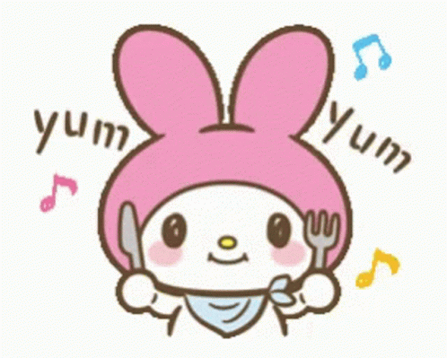 A Cartoon Of A Bunny Holding A Fork And Knife With The Words Yum Written Around Her GIF