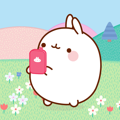 A Cartoon Of A Bunny Holding A Pink Bag With A Bunny On It GIF