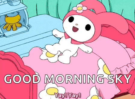 a cartoon of a bunny laying on a bed with the words good morning sky
