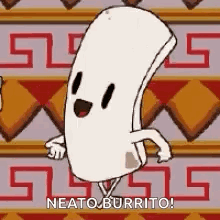 A Cartoon Of A Burrito With Arms And Legs Is Dancing In Front Of A Patterned Wall . GIF