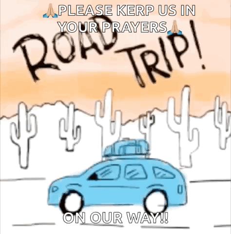 A Cartoon Of A Car With A Luggage Bag On Top Of It And Cactus In The Desert . GIF