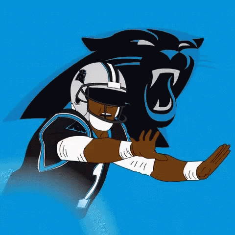 A Cartoon Of A Carolina Panthers Football Player With A Panther In The Background GIF