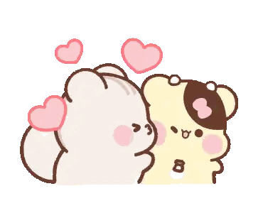 a cartoon of a cat and a bear kissing with hearts floating around them