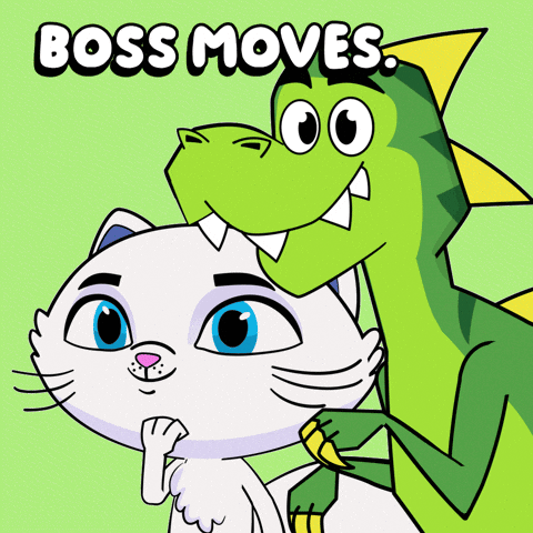 A Cartoon Of A Cat And A Dinosaur With The Words Boss Moves Written Above Them GIF