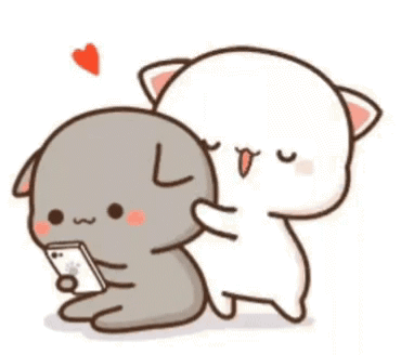 A Cartoon Of A Cat And A Dog Hugging Each Other While The Cat Is Holding A Cell Phone . GIF