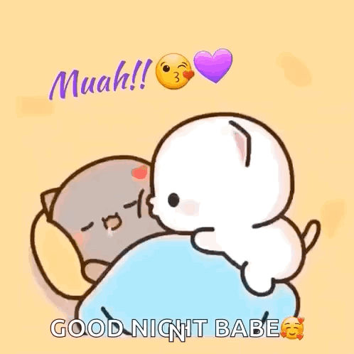 A Cartoon Of A Cat And A Dog Hugging Each Other With The Words `` Good Night Babe '' . GIF