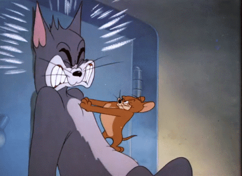 A Cartoon Of A Cat And A Mouse With Their Mouths Open GIF