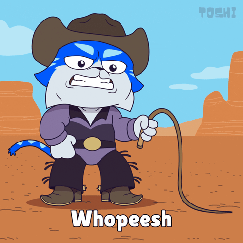 A Cartoon Of A Cat Dressed As A Cowboy Holding A Lasso And The Word Whopeesh Below Him GIF