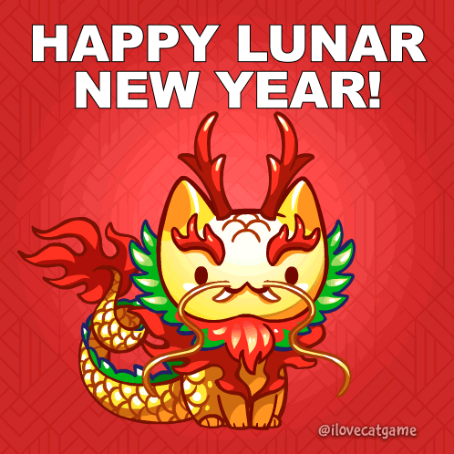 A Cartoon Of A Cat Dressed As A Dragon With The Words Happy Lunar New Year Below It GIF