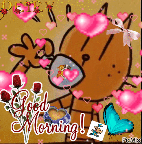 A Cartoon Of A Cat Drinking From A Cup With Hearts On It GIF