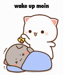 A Cartoon Of A Cat Drinking From A Cup With The Words Wake Up Moin Written Above It GIF
