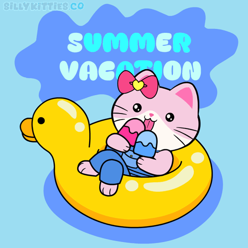 A Cartoon Of A Cat Floating On A Rubber Duck With The Words Summer Vacation Written Above It GIF