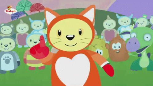 A Cartoon Of A Cat Giving A Thumbs Up In Front Of A Group Of Stuffed Animals GIF