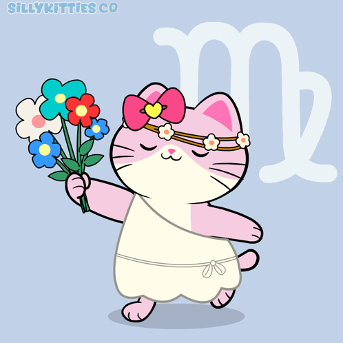 A Cartoon Of A Cat Holding A Bouquet Of Flowers In Front Of A Virgo Sign GIF