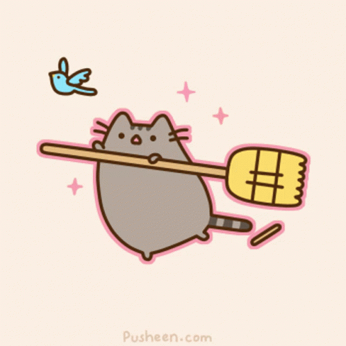 A Cartoon Of A Cat Holding A Broom With The Website Pusheen.com Written On The Bottom GIF