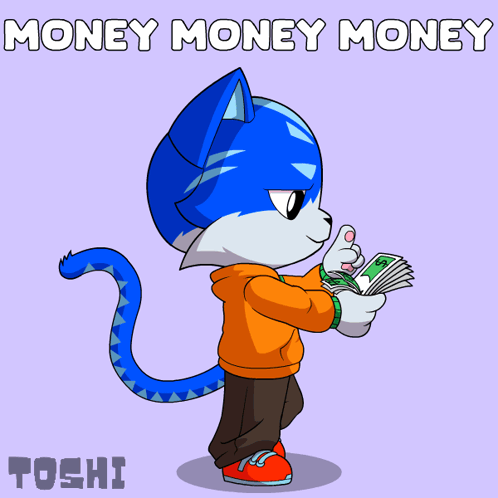 A Cartoon Of A Cat Holding A Bunch Of Money And The Words Money Money Money GIF