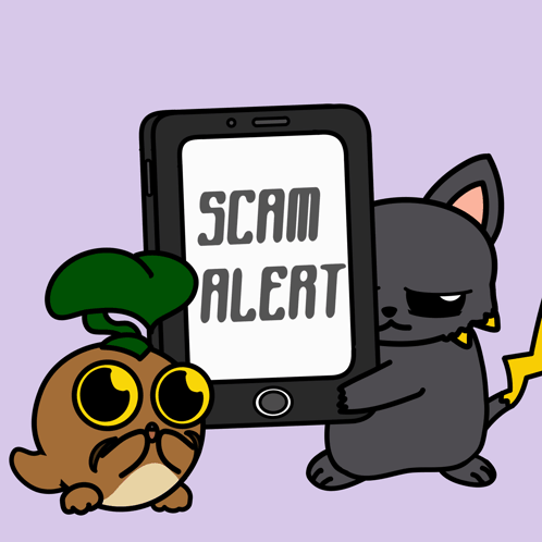 A Cartoon Of A Cat Holding A Cell Phone That Says Scam Alert GIF