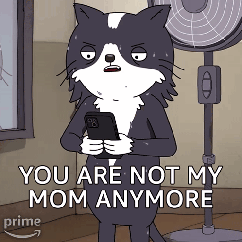 A Cartoon Of A Cat Holding A Cell Phone With The Words " You Are Not My Mom Anymore " GIF
