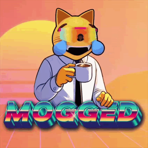 a cartoon of a cat holding a cup of coffee with the word mogged in the background