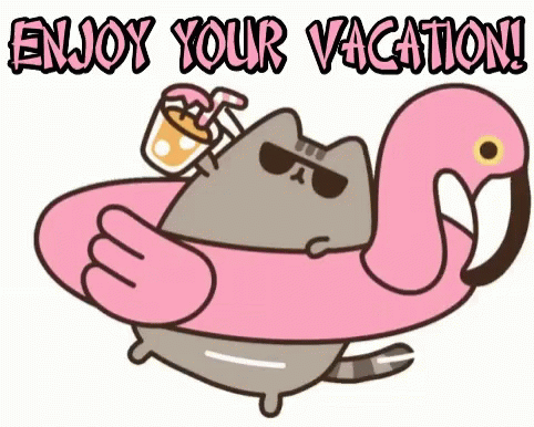 A Cartoon Of A Cat Holding A Flamingo Float And The Words Enjoy Your Vacation GIF