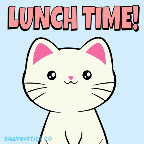 A Cartoon Of A Cat Holding A Fork And Spoon With The Words Lunch Time Above It GIF