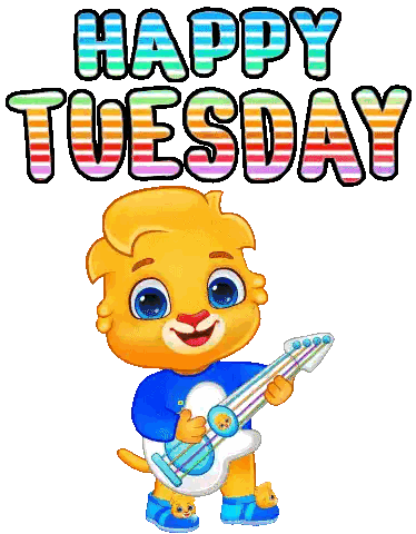 a cartoon of a cat holding a guitar with the words happy tuesday below it