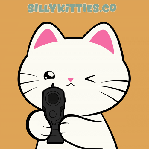 A Cartoon Of A Cat Holding A Gun With The Website Sillykitties.co Written Below It GIF