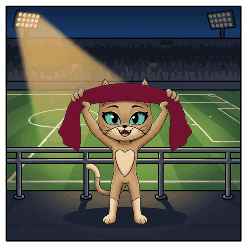 A Cartoon Of A Cat Holding A Red Scarf In A Stadium GIF