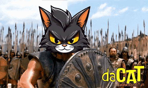 A Cartoon Of A Cat Holding A Shield With Dacat Written On The Bottom Right GIF