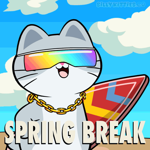 A Cartoon Of A Cat Holding A Surfboard With The Words Spring Break Below Him GIF