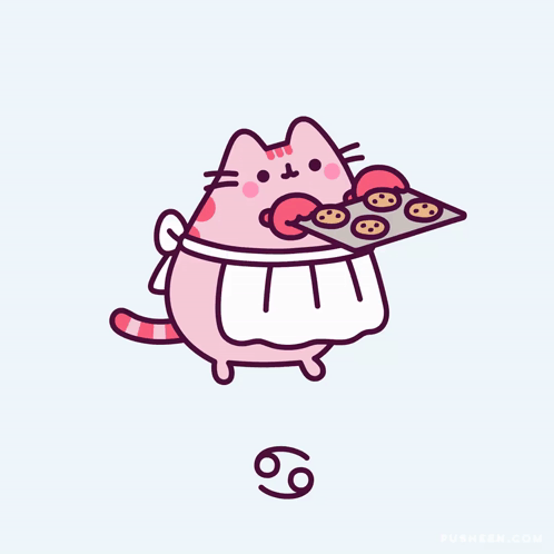 A Cartoon Of A Cat Holding A Tray Of Cookies With The Number 69 On It GIF
