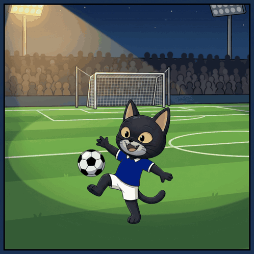 a cartoon of a cat kicking a soccer ball on a field