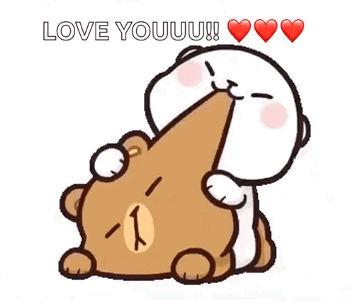 A Cartoon Of A Cat Kissing A Teddy Bear With The Words Love Youuu GIF