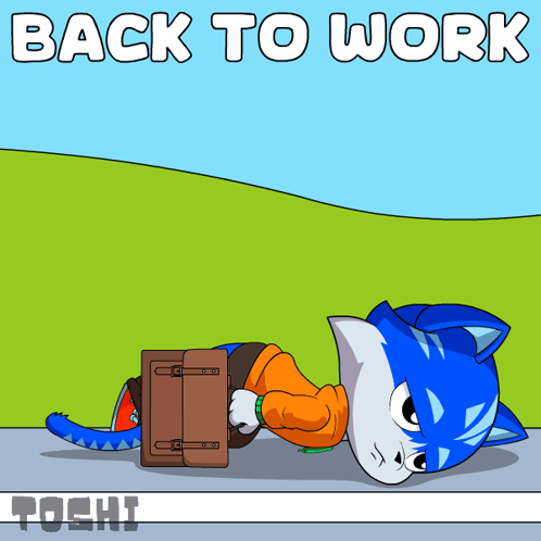 a cartoon of a cat laying down with a briefcase and the words back to work above him