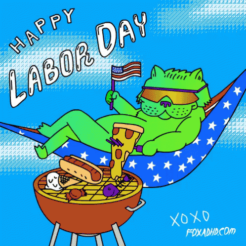 A Cartoon Of A Cat Laying In A Hammock Holding An American Flag And Pizza GIF