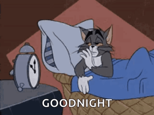 a cartoon of a cat laying in bed with an alarm clock and the words goodnight written on the bottom .