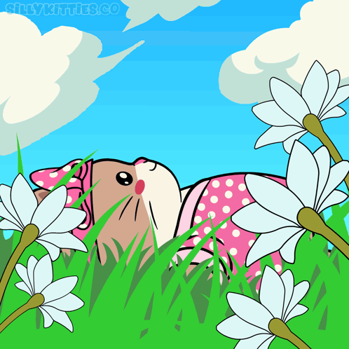 A Cartoon Of A Cat Laying In The Grass With Flowers And The Words Onlykittens.co GIF