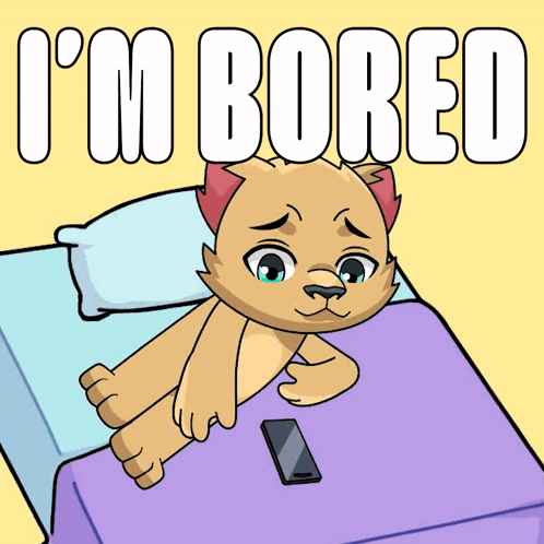 A Cartoon Of A Cat Laying On A Bed With The Words I 'M Bored Above It GIF