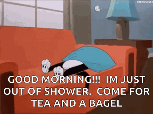 A Cartoon Of A Cat Laying On A Couch Says Good Morning GIF