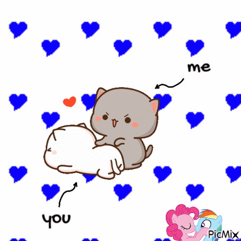 A Cartoon Of A Cat Laying On Another Cat With The Words " Me You " GIF