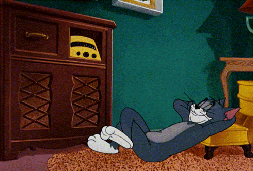 A Cartoon Of A Cat Laying On The Floor In Front Of A Radio GIF