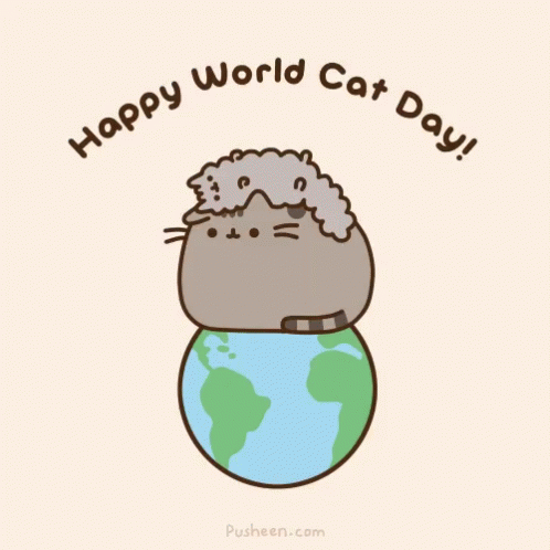 A Cartoon Of A Cat Laying On Top Of A Globe With The Words Happy World Cat Day GIF