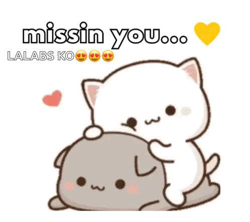 A Cartoon Of A Cat Laying On Top Of Another Cat With The Words " Missin You " Above Them GIF