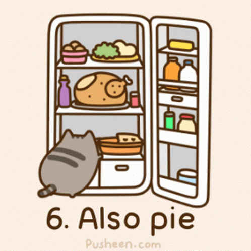 A Cartoon Of A Cat Looking Into An Open Refrigerator With The Words Also Pie On The Bottom GIF