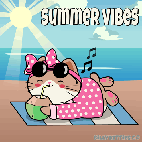 a cartoon of a cat on a beach with the words summer vibes above it