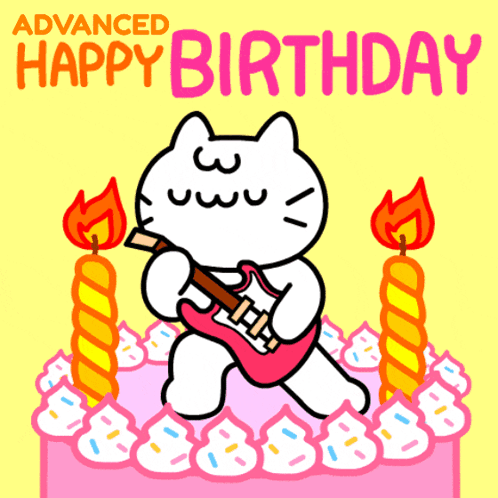 A Cartoon Of A Cat Playing A Guitar With The Words Advanced Happy Birthday Written Above It GIF