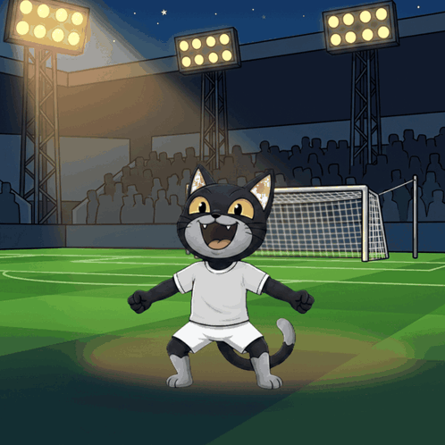A Cartoon Of A Cat Playing Soccer In A Stadium GIF